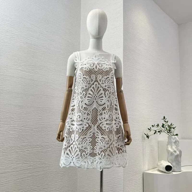 Camisloe Women White Lace Patchwork Embroidery Floral Hollow Out Re-tro 2024 Summer High Quality Mini Dress