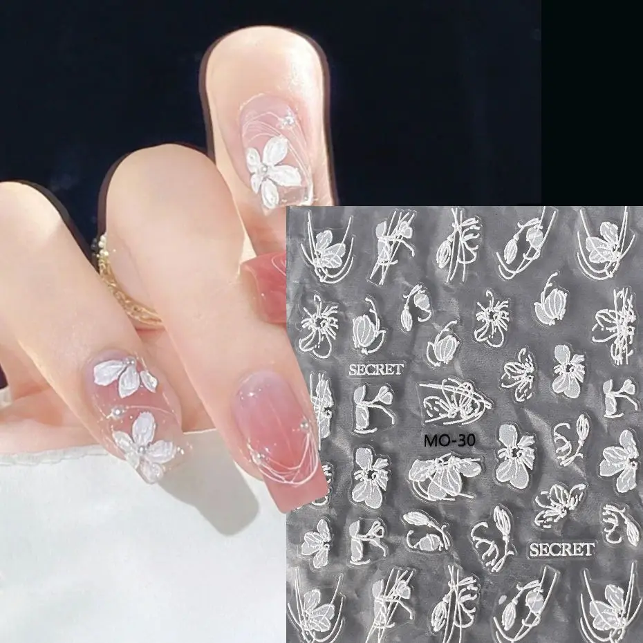 

5D Embossed Translucent Nail Stickers Camellia Cherry Blossom Small White Flower Waterproof Self Adhesive for Party