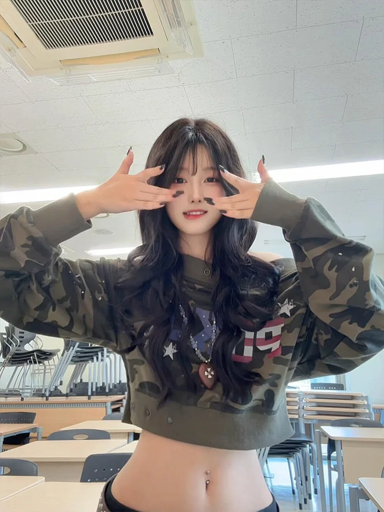 

Американский камуфляжный свитшот на одно плечо в стиле ретро, женский ort Sle Spicy Girl Design Sensation, модный бренд, осень-зима, Ne...