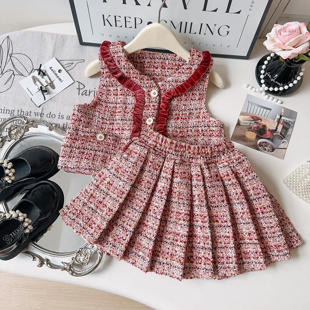 Korean Autumn/winter Christmas Fashion Clothes Girls' Lace Vest Jacket+pleated Skirt Two-piece Set