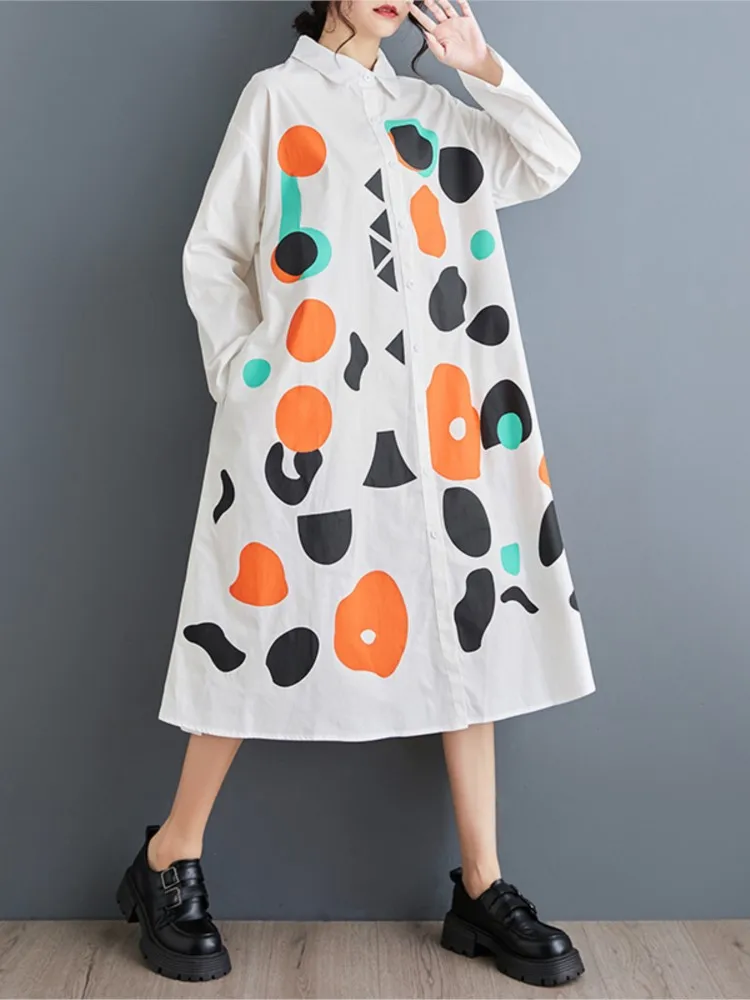 Oversized Autumn Dress Women Polka Dot Print Fashion Long Sleeve Ladies Dresses Casual Loose Pleated A-Line Woman Shirt Dress