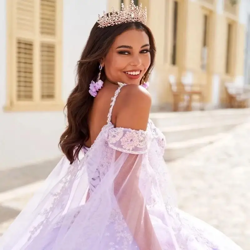 Light Lavender Princess Quinceanera Dress Ball Gown Lace Applique Beading Tull Spaghetti Strap Corset Sweet 16 Vestido 15De Años