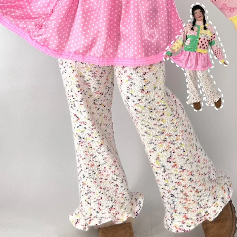 Original Design Pink Polka Dot Elastic Waist Fake Two-Piece Women's Trousers Autumn Winter Sweet Versatile Skirt Pants Ladies