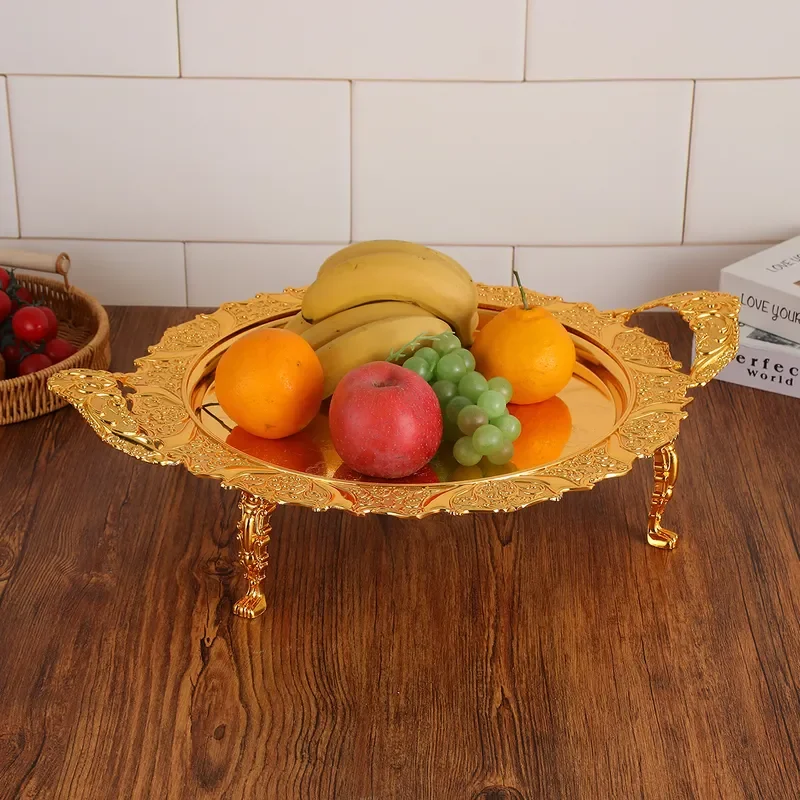Luxury Gold Alloy Fruit Tray with Dual Handles Elegant Four Legged Dessert Plate Portable Snack Basket for Home Kitchen Decor