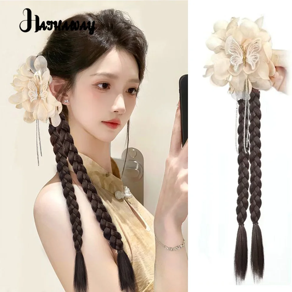 20 Inch Ponytail Female Grip Braided Hair Synthetic Black Brown Twisted Braid Boxing Braid Ponytail Daily Wear