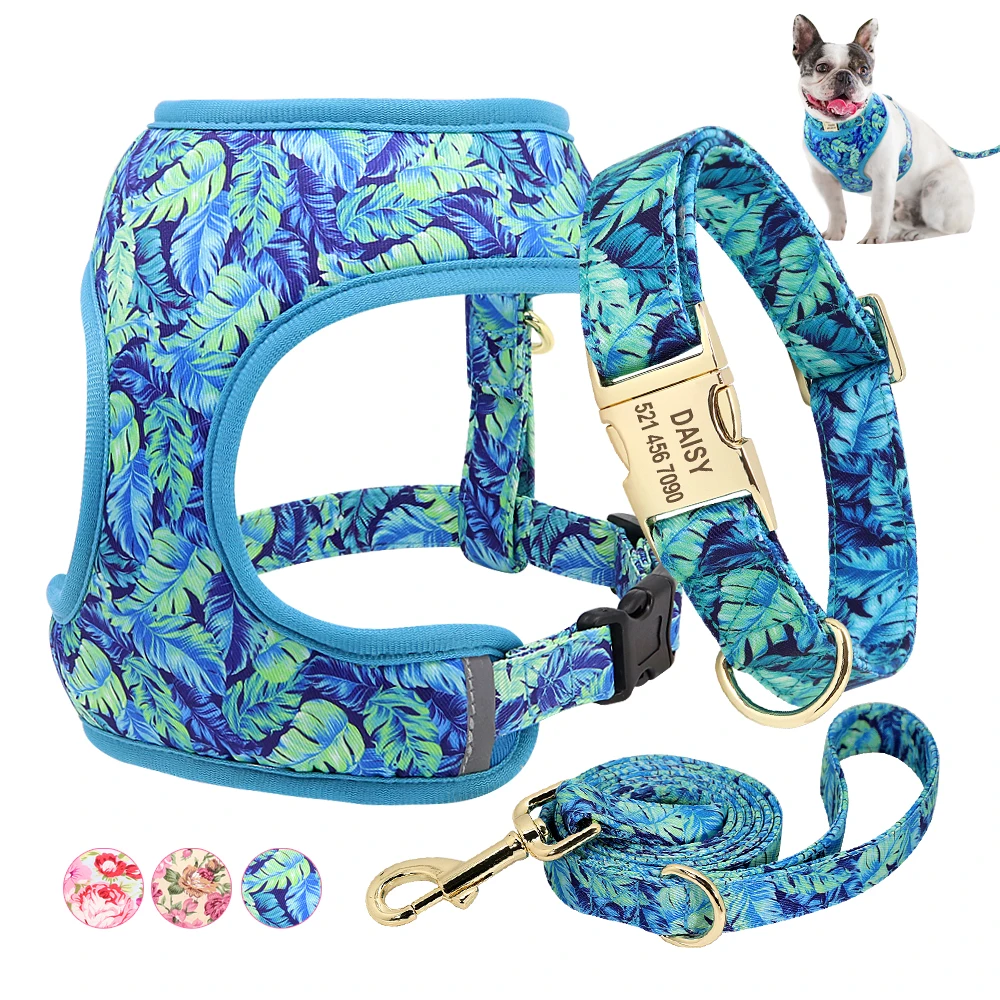 Personalized Flower Dog Collar Harness Leash Set Custom Printed Puppy Cat Pet Vest Harness Leashes for Small Medium Dogs S-XL