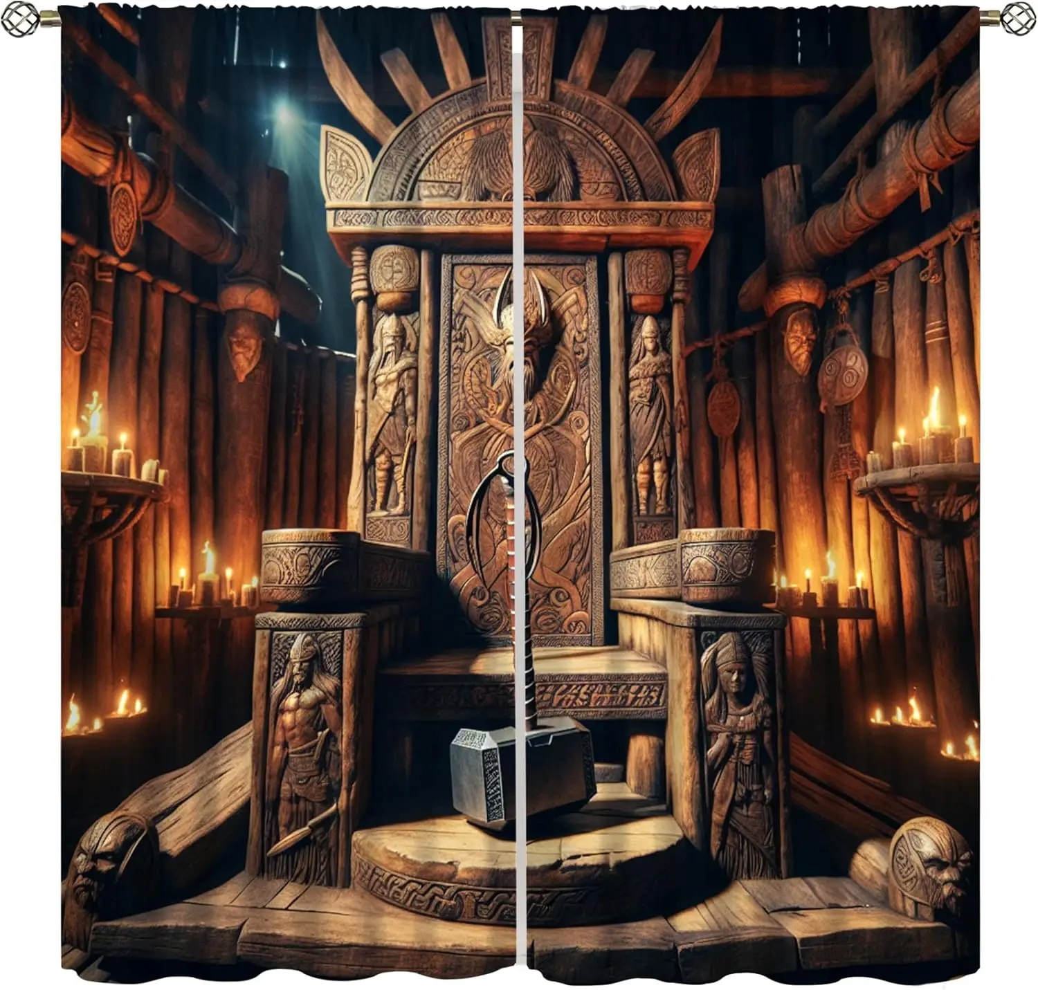Viking Tribe Curtains Thor's Hammer Throne Totems Norse Mythology Decor Window Treatments for Kitchen Boys Teens Bedroom Living