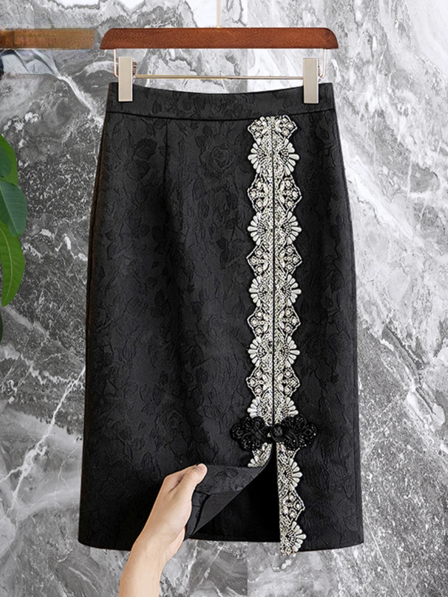 National Fashion Buckle Elegant Split Skirt for Women Summer New Fashion Design High Waist Slim Skirt Embroidery Hip Skirts Lady