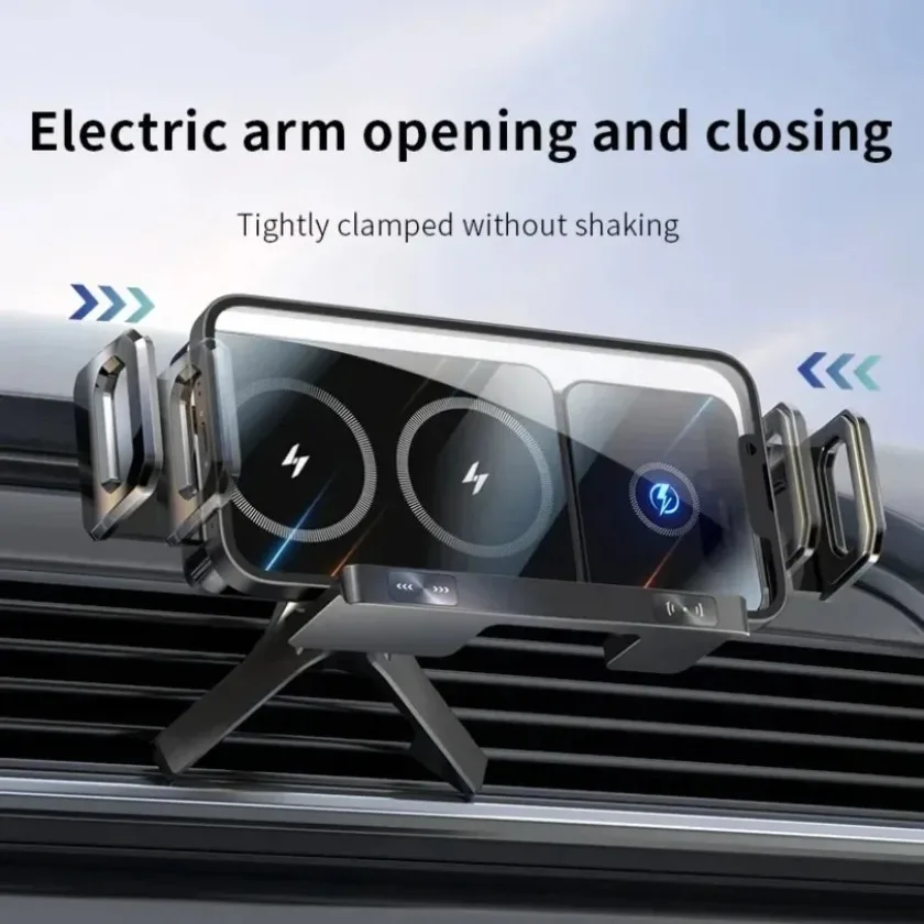 

Беспроводное зарядное устройство 2-в-1 для автомобиля с автоматическим вращением и держателем для телефонов Samsung Galaxy Z Fold 7 6 5 4, iPhone 17 16 15 14 13 12, быстрая зарядка