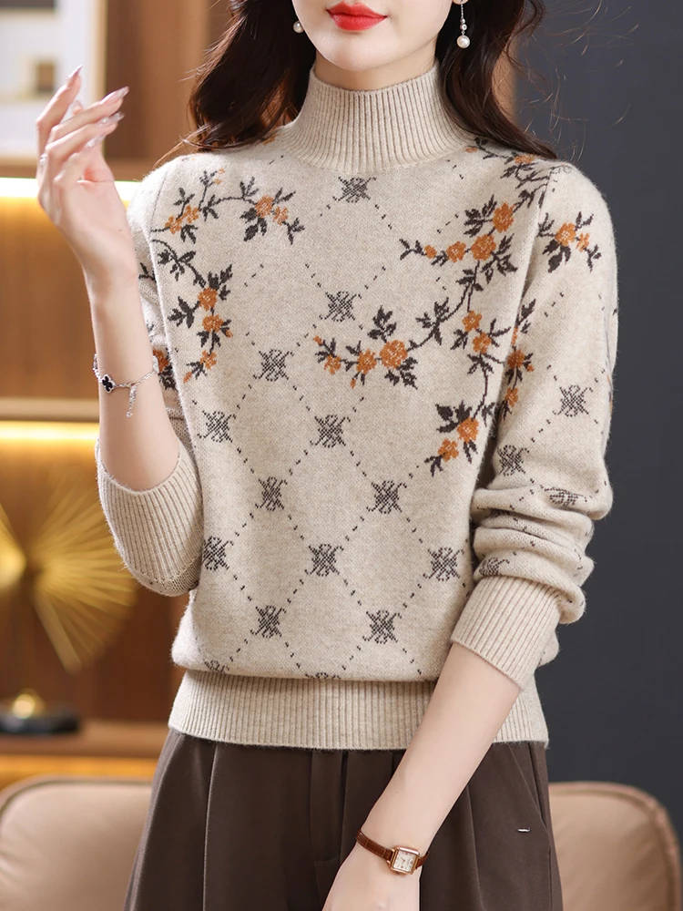 

Turtleneck Floral Print Sweater Woman Spring Autumn Korean Fashion Pullover Femme Womens Clothing Long Sleeve Top Sweaters