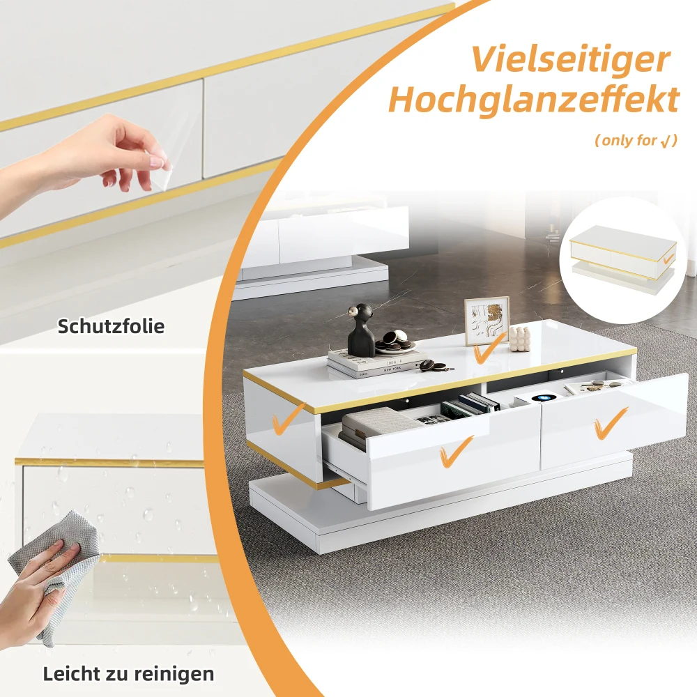 Moderner TV-Ständer mit 3 Schubladen, warmweißes Lowboard, goldener Rand, Wohnzimmer-Aufbewahrungsschrank – Detail 31