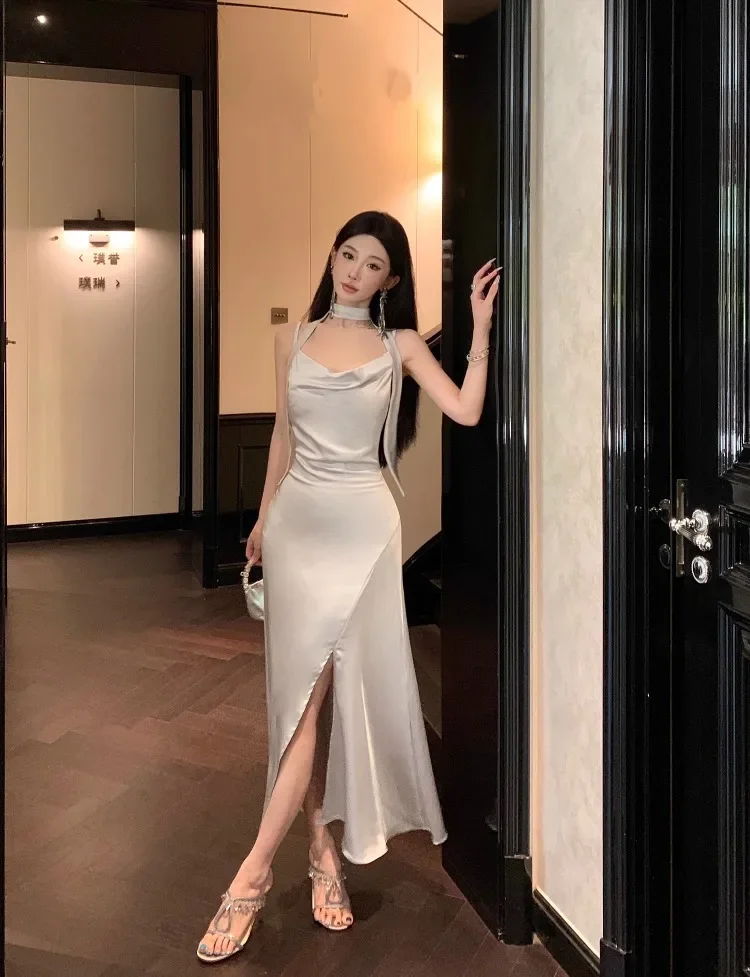 Topanoma Temperament Evening Dresses Women Wedding Party Sleeveless Slim Split Satin Backless Elegant Sexy Cocktail Dress Ladies