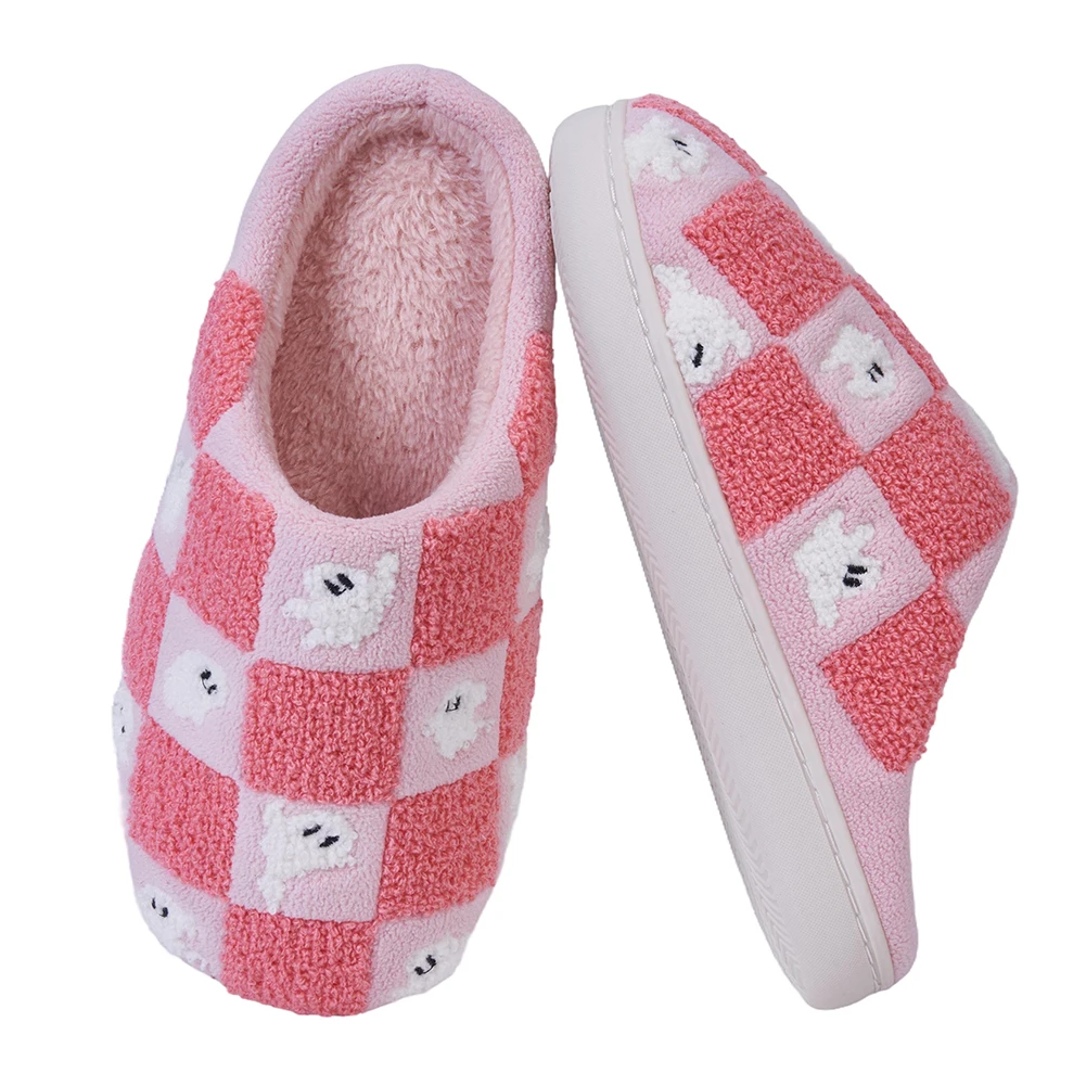 Ghost Checkered Plush Slippers Flat Thermal Slippers Comfortable Thermal Closed Toe Slippers Non-Slip for Indoor Bedroom