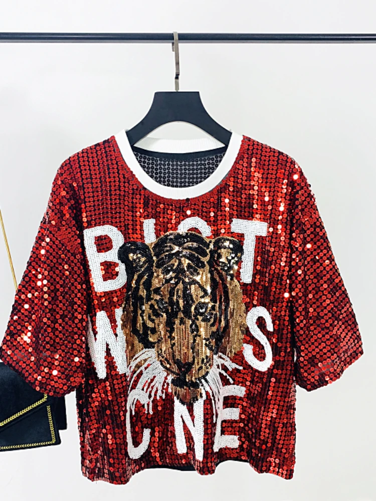 Fashion Letter Tiger Head Sequined Short-Sleeved T-shirt Female 2023 Summer New Street Loose Short Round Neck Top Women Clothes