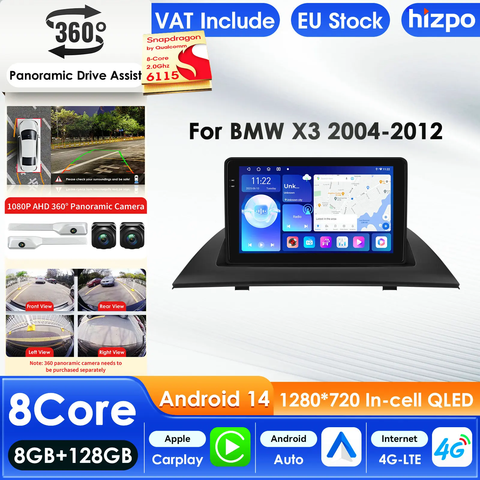 Hizpo 2 Din Android 14 Auto-Multimedia-Player für BMW X3 E83 2004–2012 GPS Carplay 4G Intelligenter Bildschirm Autoradio 360 Kamera BT