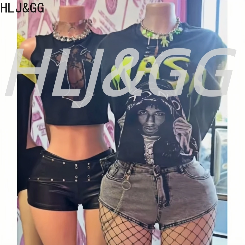 HLJ&GG Y2K Черные модные свободные футболки с буквенным принтом, комплекты из двух предметов, женский топ с круглым вырезом и короткими рукавами и кожаные шорты, наряды
