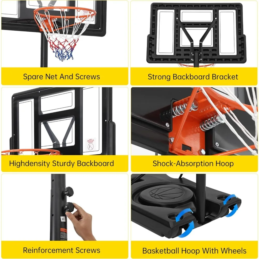 Sistema de portería de baloncesto portátil con altura ajustable, aro exterior de 4-10 pies, base ampliada y tablero de PC para cancha versátil
