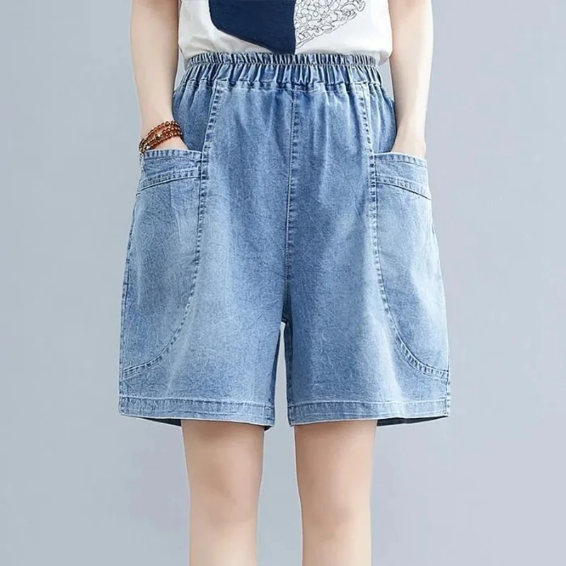 Women\'s Denim Shorts Blue Elastic Waist Mid Rise Loose Beach Shorts with 2 Front Pockets Female Jeans Short Pants