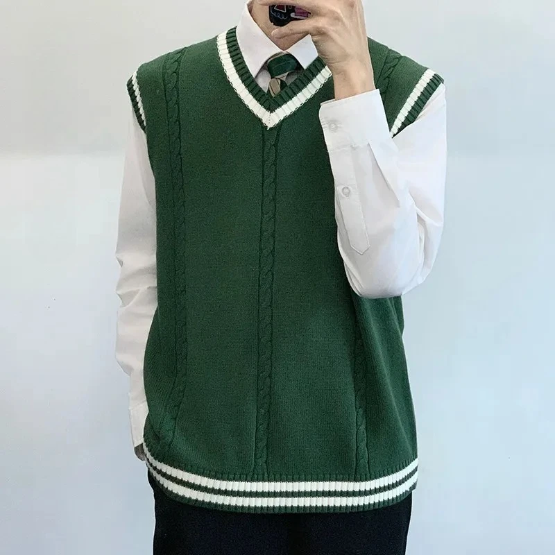 

Мужской зеленый винтажный свитер в стиле преппи для подростков, японская и корейская школьная форма DK JK, вязаный жилет-пуловер для пар, школьная форма Seifuku