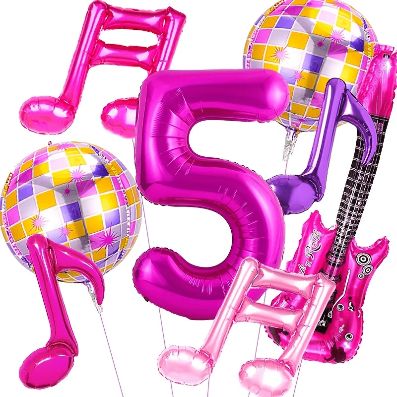 8 Stück Musiknoten-Gitarren-Discokugel-Ballons 32 Zoll Rosenrote Zahlen 1-9 Ballon-Set Musik-Themen Geburtstagsparty-Dekorationen – Detail 5