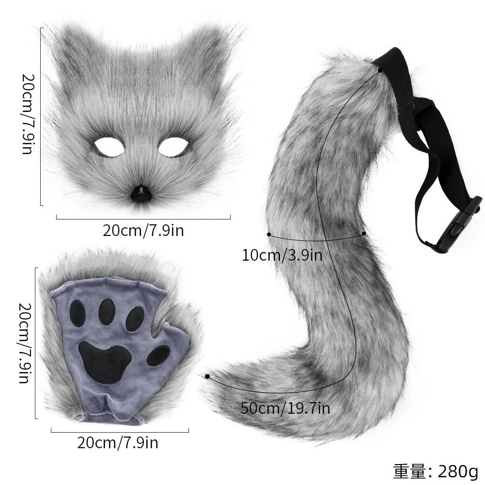 

Fox Mask Gloves Plush Fox Tail Handmade Beast Tail Costume Halloween Party Decoration Set Simulation Cosplay Prop Accessories