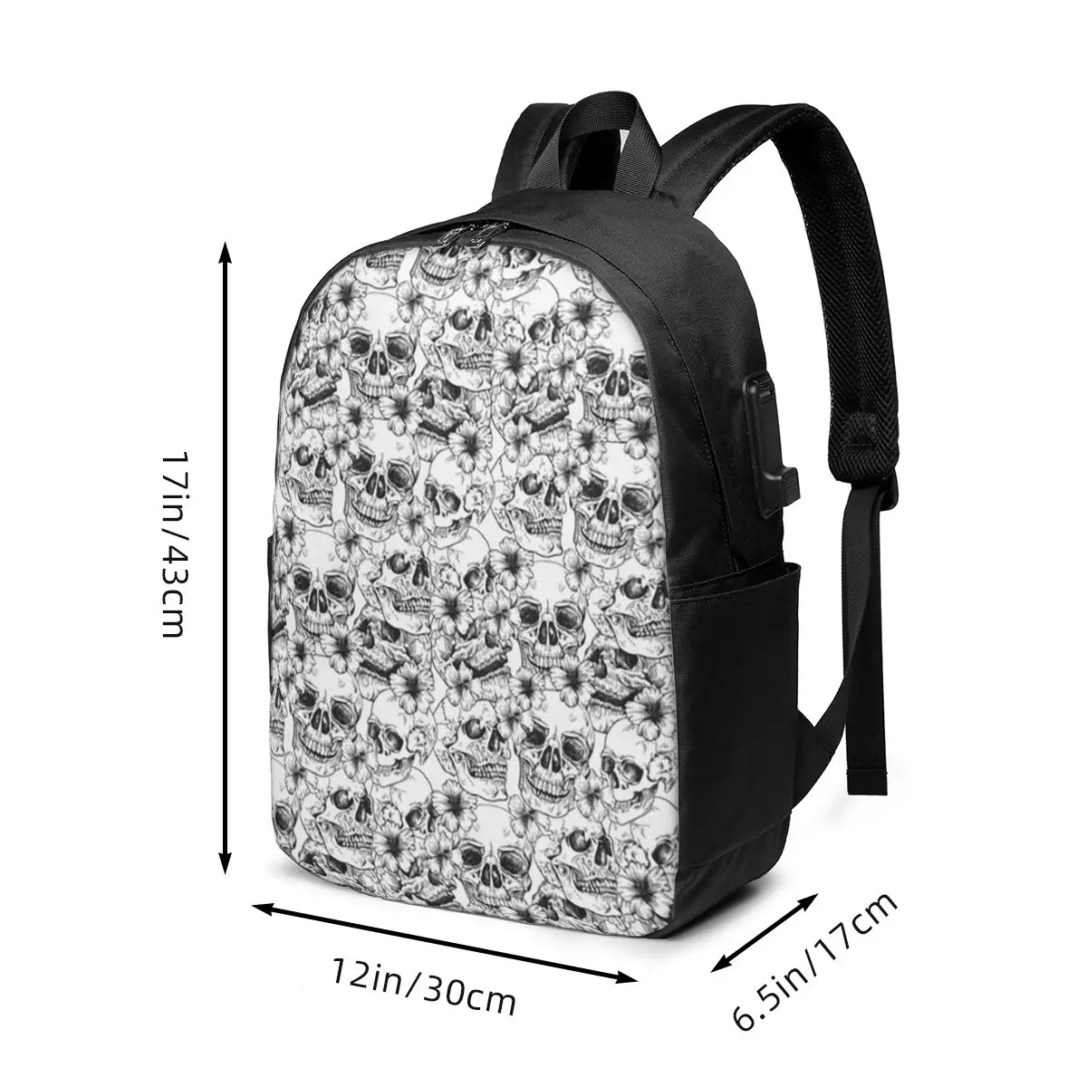 Black White Sketch Gothic Skull Pattern Backpack Travel Notebook Bag Computer College Student School Bag Laptop Shoulder Bags