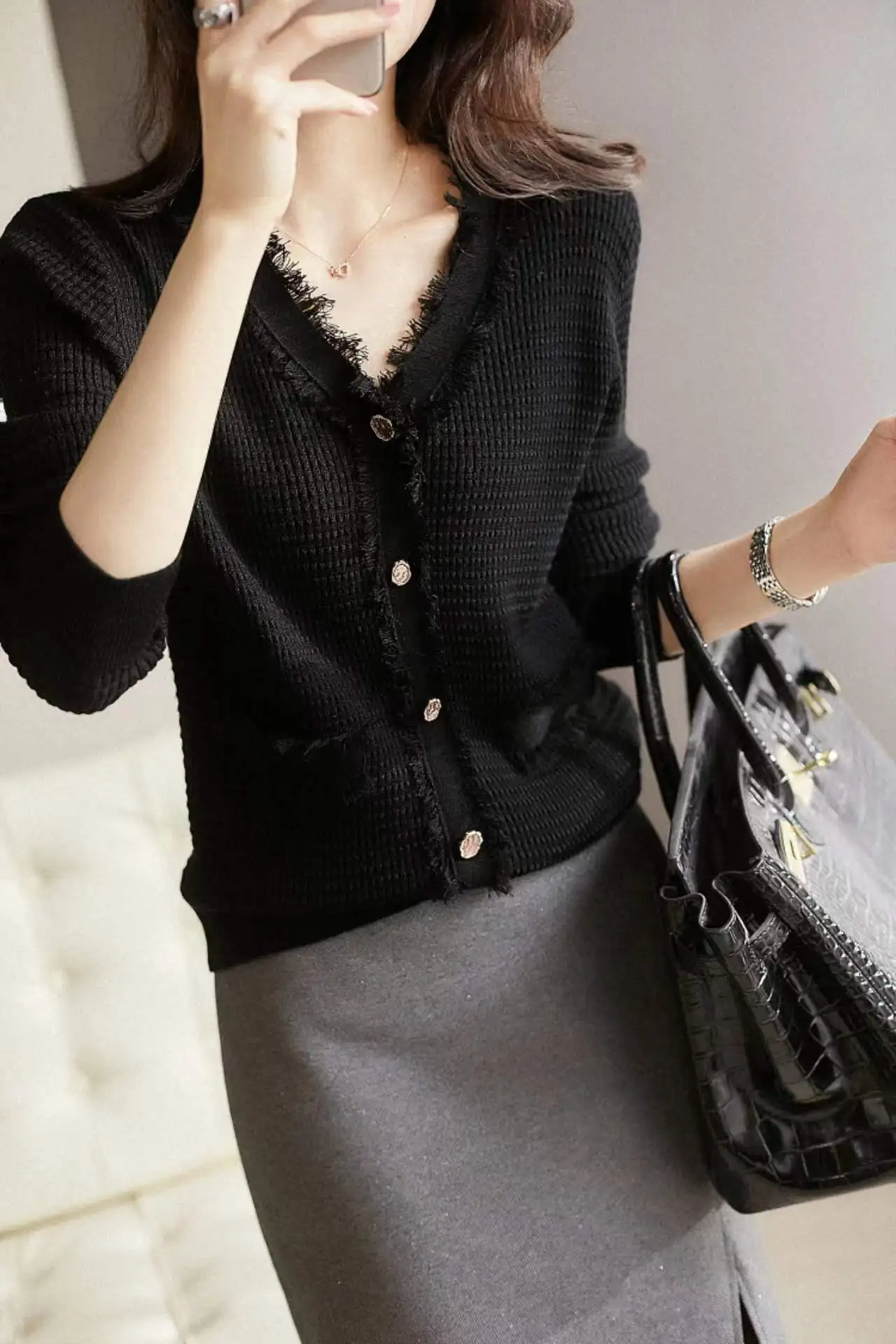 European station early autumn new V-neck fringe wool cardigan women loose and slim cashmere coat