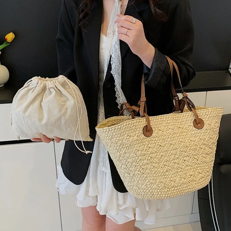 

Большая вместительная сумка-тоут из плетеной соломки для женщин, летняя пляжная повседневная сумка во французском стиле, сумка на плечо, идеальная сумка для отпуска и хранения вещей