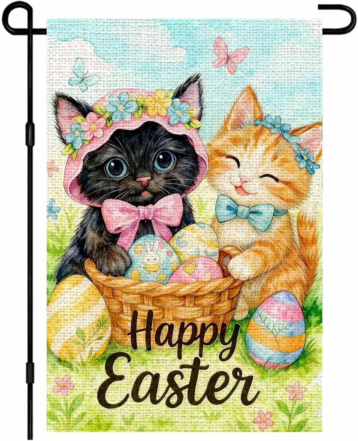 IVN Burlap Easter Garden Flags 12x18 Inch Double Sided Yard Flags Happy Easter Kittens Basket Eggs Linen Small Flags Garden  ZZM