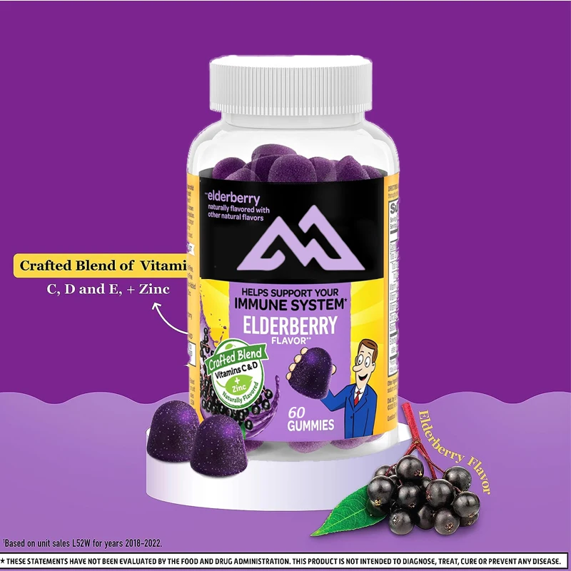 

60 vegetarian gummies with elderberry and zinc for adults, providing immune support containing antioxidants vitamins C, D, E