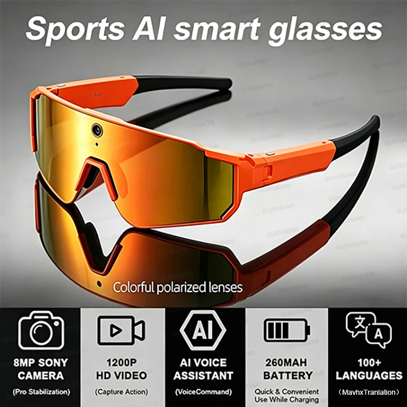 2026New Sport AI Smart Glasses 800W HD Camera  Anti-shake AI Ldentify Translation DualMic Bluetooth Call UV400 Windproof Goggles