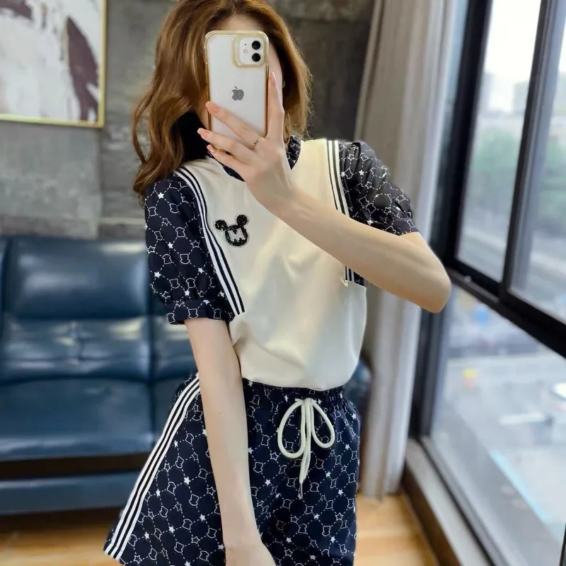

Women Summer Fashion Printing Contrasting Colors O-neck Short Sleeve T-Shirt Ladies Simplicity Office Lady All-match Shorts Suit