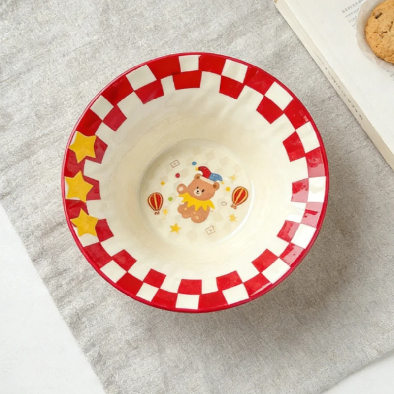 New Cute Circus Style Ceramic Salad Bowl with Spoon Lovely Breakfast Bowl High Value Instant Noodle Bowl for Home Kitchen Dining