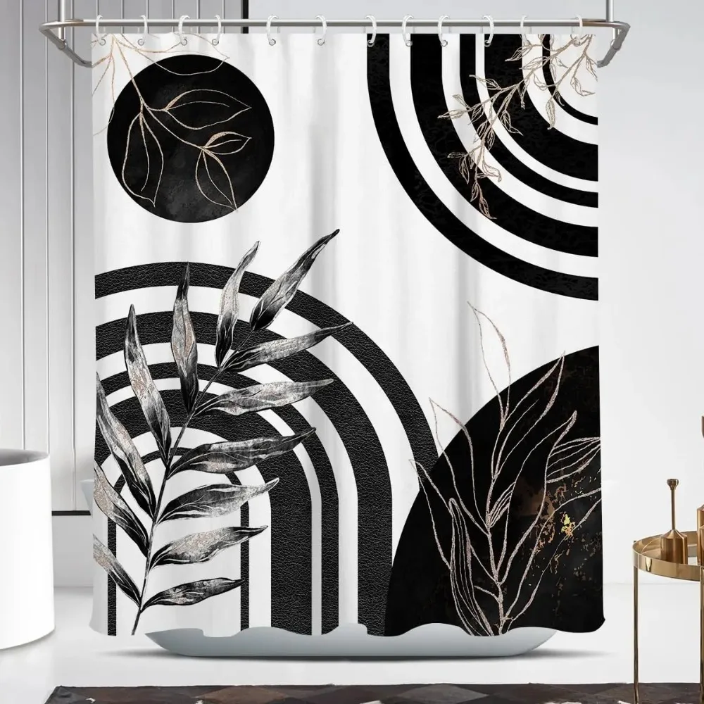 

Black and Gold Shower Curtain, White Grey Abstract Floral Boho Modern Mid Century Minimalist Geometric Art Bathroom Decor