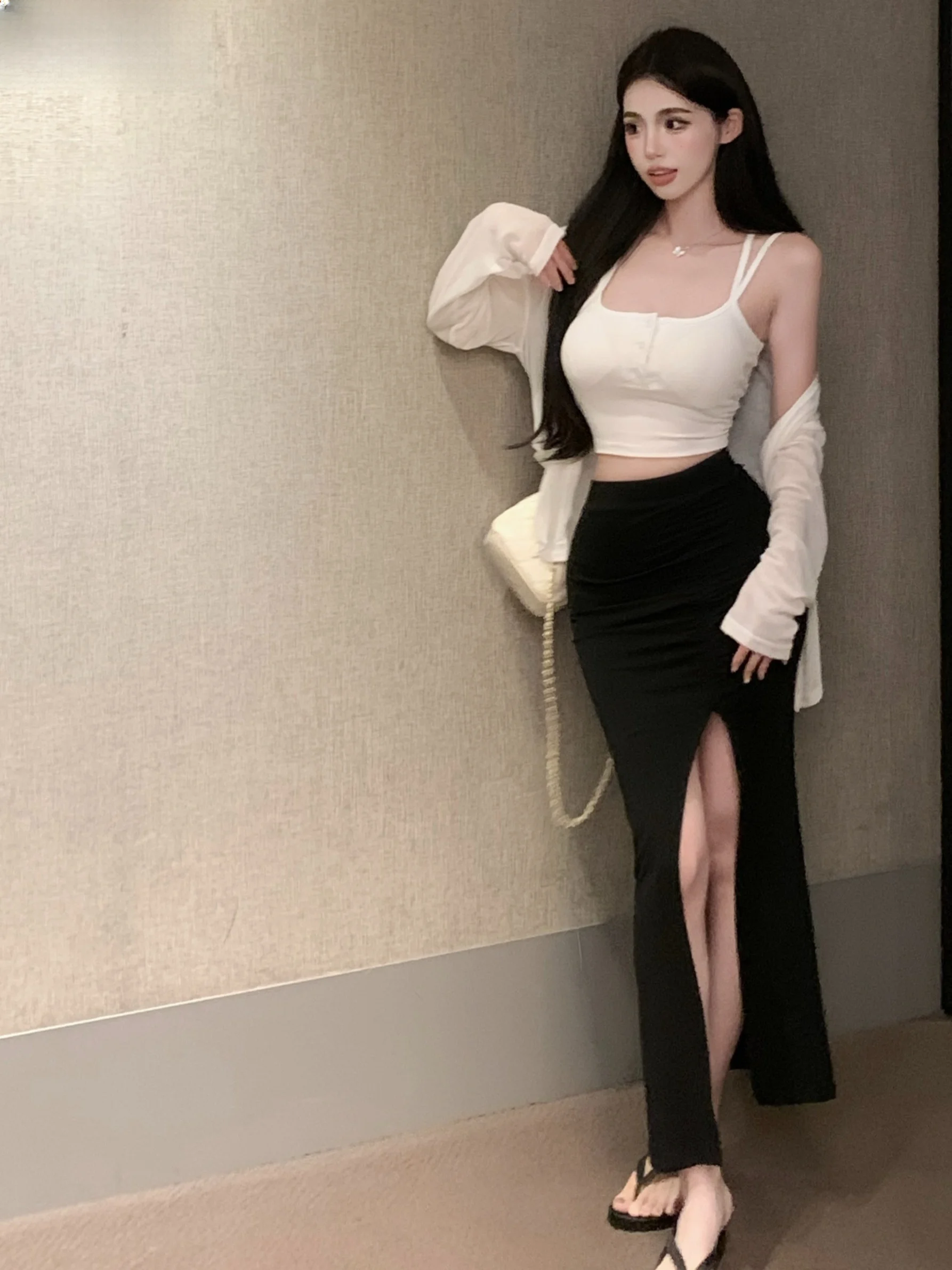 

Сексуальный облегающий солнцезащитный кардиган, базовый слой, майка, юбка с разрезом, комплект из футболки, универсальная повседневная одежда для женщин