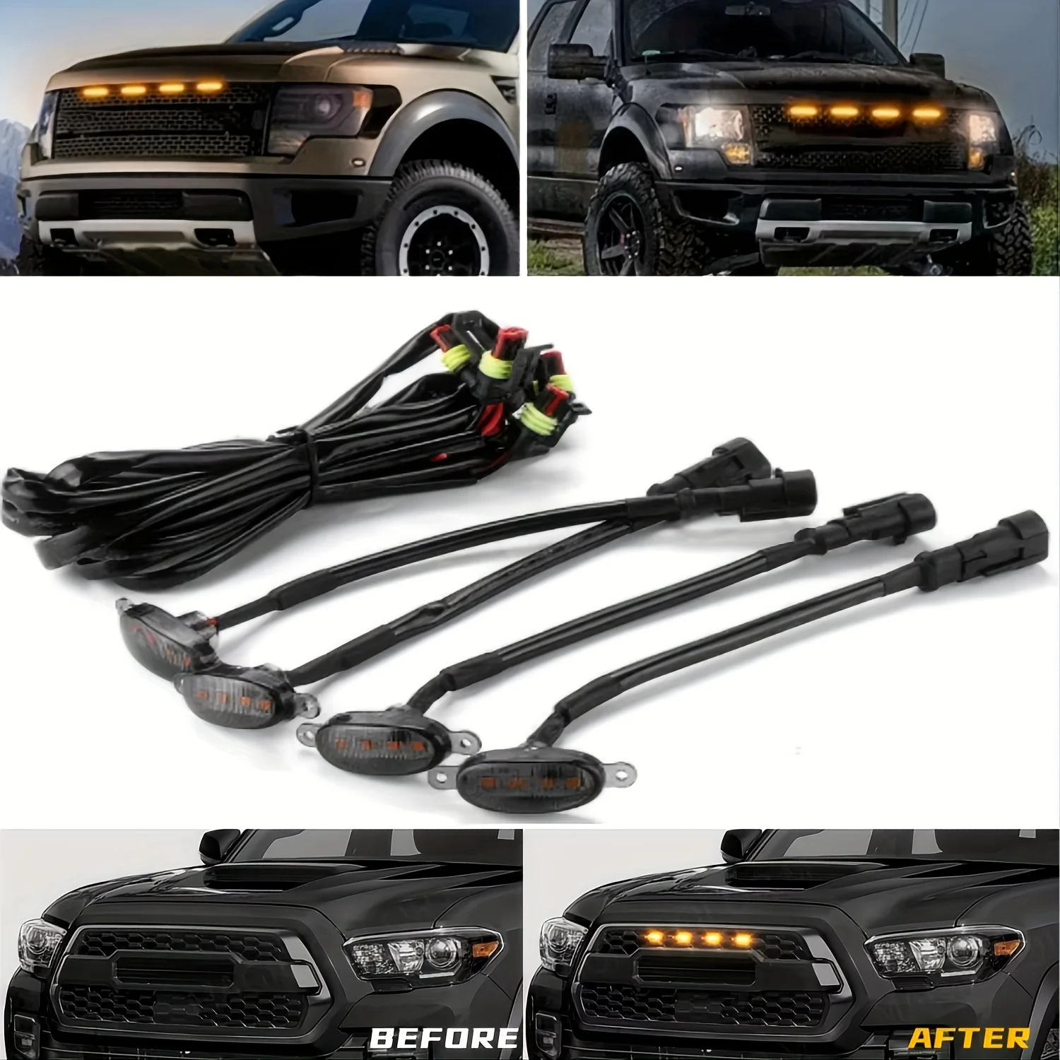 4Pcs/set Car LED Grille Light Yellow Amber Lights Universal Front Grille Running Lights Wire Fog Lamps Modify Cars Accessories