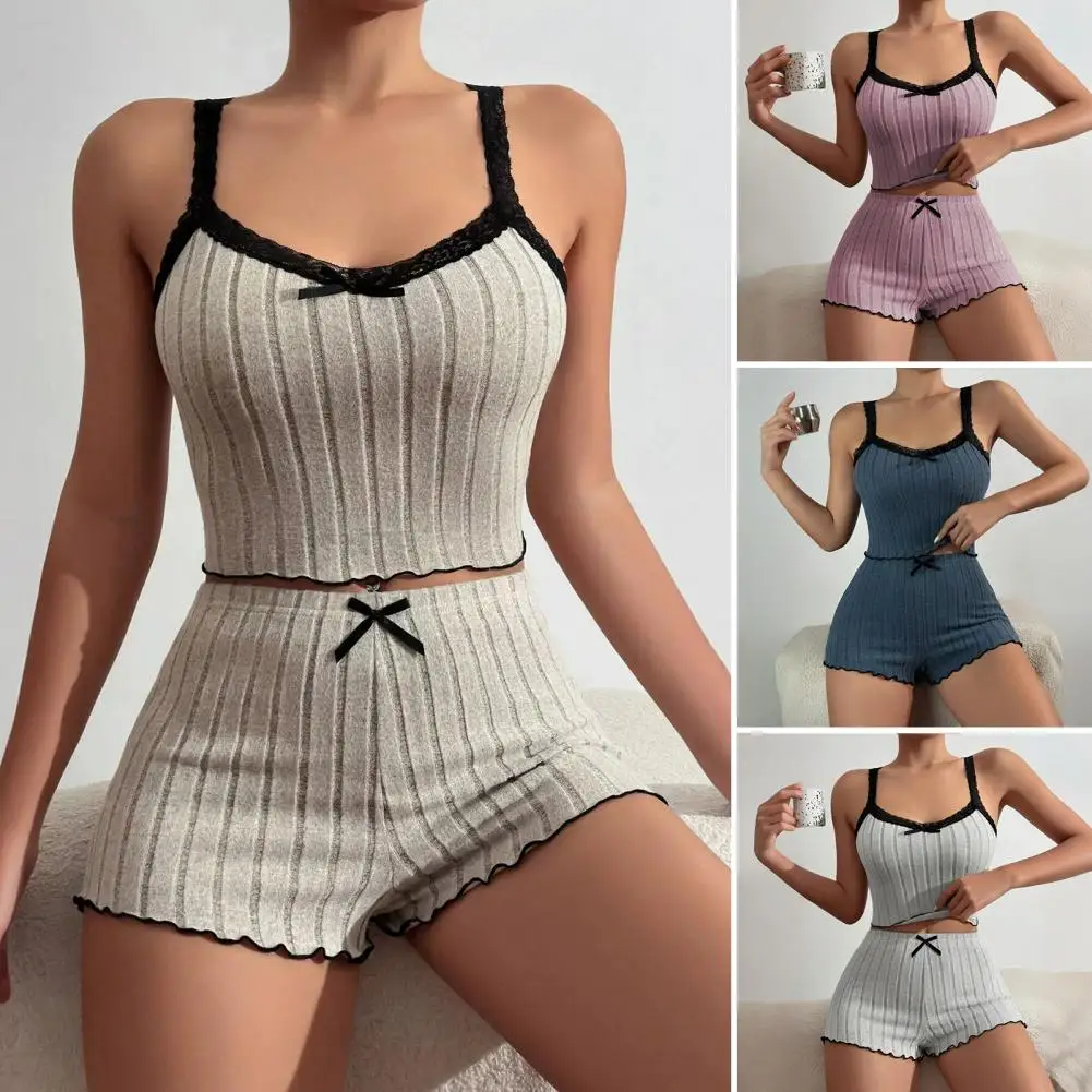 2 Pcs Summer Sleepwear Women Lace Bow Decor Relaxed Fit Pajama Set Round Neck Backless Crop Cami Top And Shorts Set Loungewear