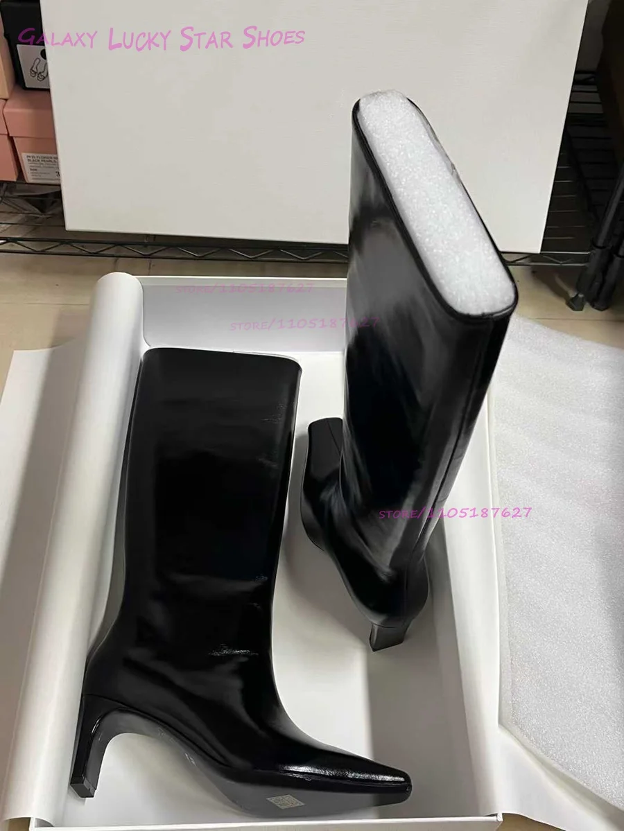 

Women Black Oil Bling Leather Stiletto Knee Boots Square Corduroy Winter Casual Long Boots Girls Dark Brown Matte Straight Shoe