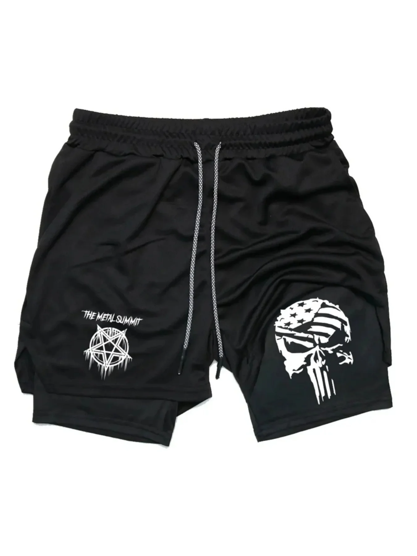 

2-in-1 Double-Layer Skull Print Men's Casual Sports Fitness Shorts Men Clothing