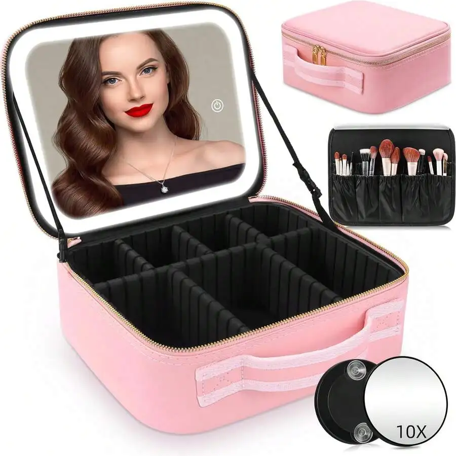 Travel Makeup Bag With LED Mirror, Cosmetic Train Case With Light Up Mirror, Portable Makeup Artist Organizer Bag With Adjustabl