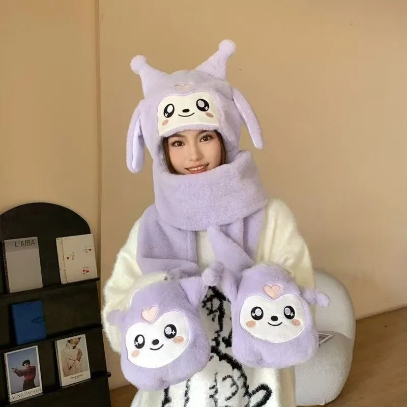 MINISO 1 قطعة جديد مضحك لطيف كورومي ثلاث قطع قبعة الكرتون الوالدين والطفل ميلودي شعبية وشاح قفازات الكل في واحد قبعة