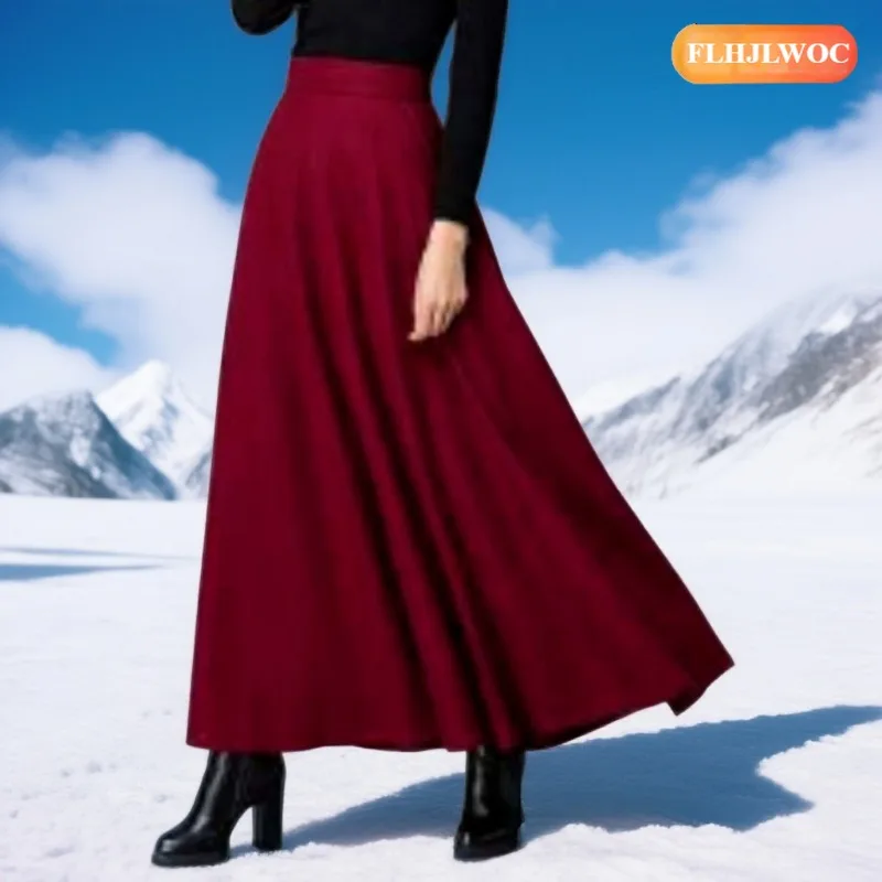 Woolen Skirts 3 Colors Winter Spring New Year Fashion Woman Elegant Office Lady Work Solid Red Black Retro Long Maxi Skirt