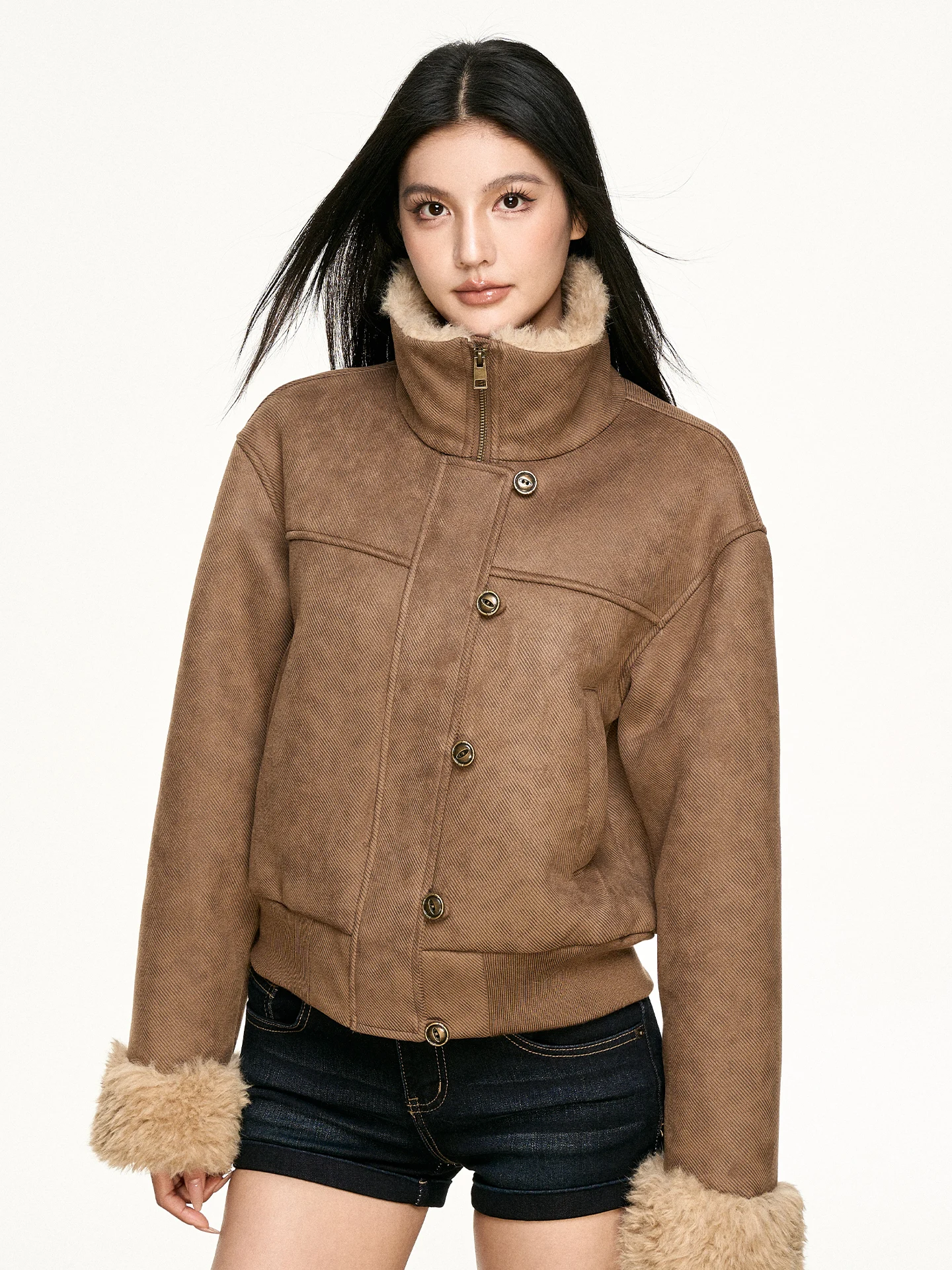 

Коричневая кожаная куртка Aaisup с мехом, женская зимняя теплая свободная куртка с воротником-стойкой, модная, для повседневной носки, с длинными рукавами