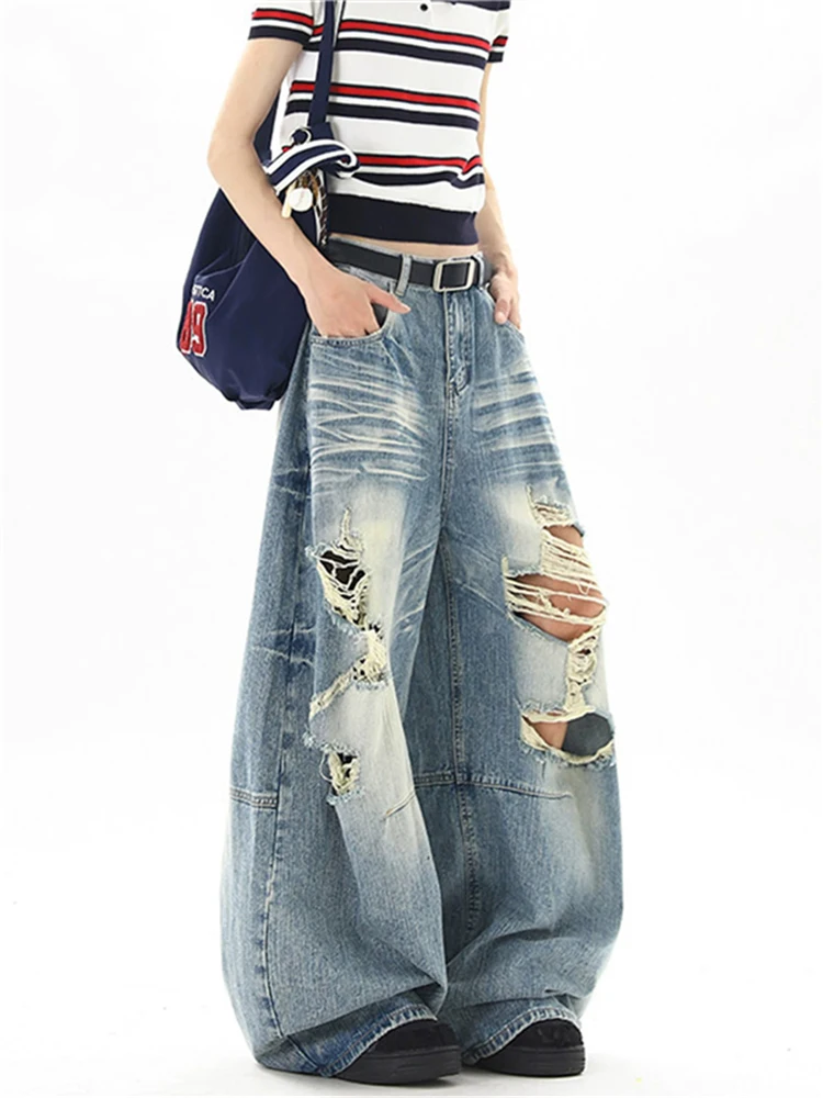 Calça Jeans Lavada Unissex com Perna Reta, Estilo Americano Streetwear, Rasgada, Perna Larga, Calça Longa Casual de Verão