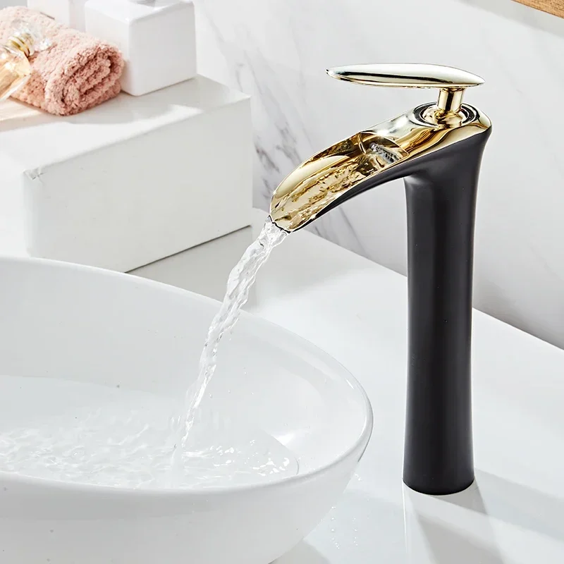 

Basin Faucets Waterfall Bathroom Faucet Single handle Basin Mixer Tap Bath Black Gold Faucet Brass Sink Water Crane Silver