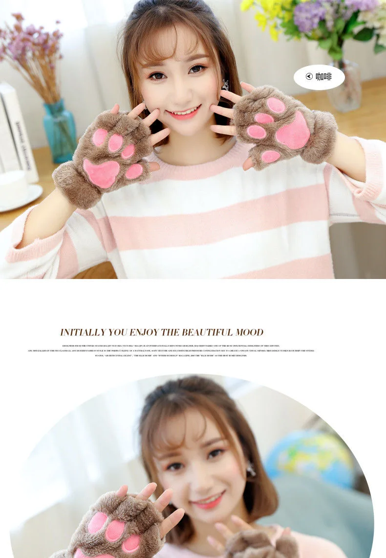 Cute Cat Claw Gloves Women Thermal Half Finger Kawaii Lady Velvet Thick Winter Cartoon Halter String Student Gloves
