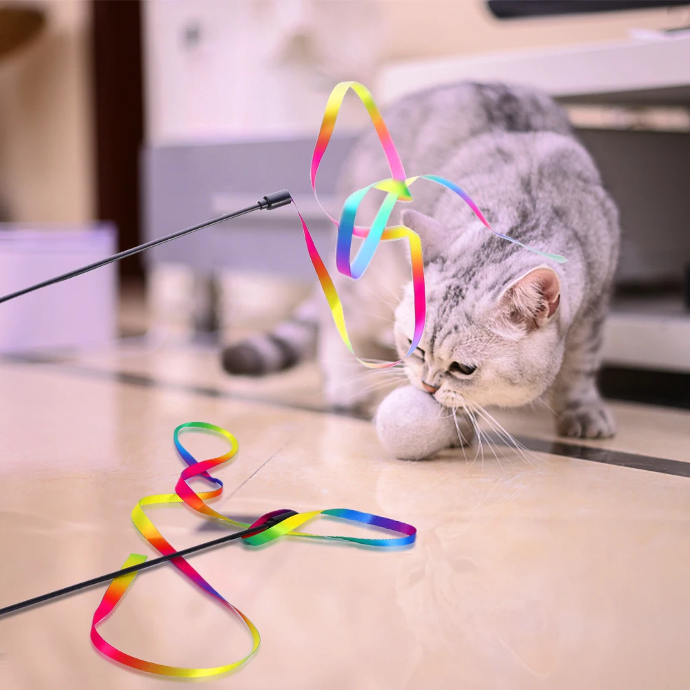 3pcs Teaser Toy Cat Wand Rainbow Ribbon Cat Fun Stick Interactive Indoor Healthy Exercise Funny Cat Rod Pet Supplies Kitten Toy