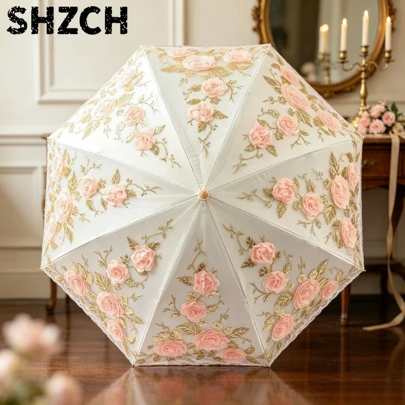 Embroidered Black Coating Umbrella, Sun & Rain Dual-Use Parasol with UV Protection, Lightweight Women's Travel Umbrella