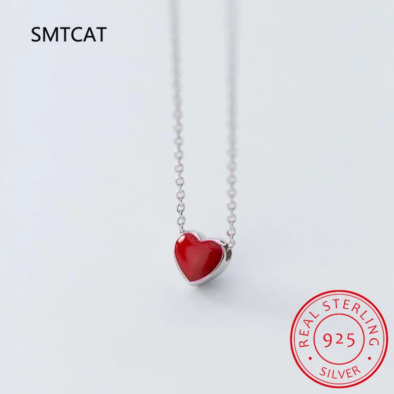 Real 925 Sterling Silver Red Enamel Hearts Pendant Necklace for Women Statement Fine Jewelry Collar Colar de Prata RHN734