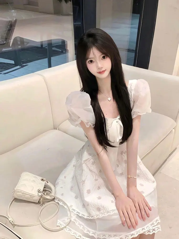 Sweet First Love New Style Gentle Bow Floral Dress Spliced together Students' Waist to Make Them Look Thin